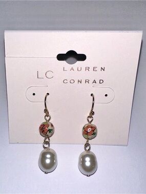 LC Lauren Conrad Gold-Tone Floral Enamel Bead and Pearl Drop Earrings